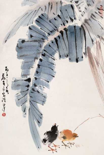 黄磊生 丙子（1996年）作 蕉叶雏鸡 立轴